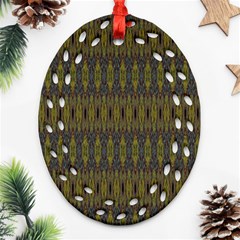 Olive Green And Blue Ikat Pattern Oval Filigree Ornament (two Sides) by SpinnyChairDesigns