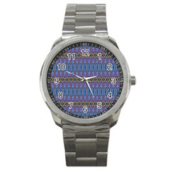 Purple Blue Ikat Stripes Sport Metal Watch by SpinnyChairDesigns