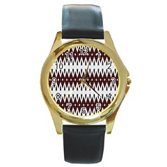 Brown And White Ikat Round Gold Metal Watch by SpinnyChairDesigns