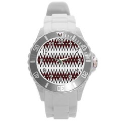 Brown And White Ikat Round Plastic Sport Watch (l) by SpinnyChairDesigns