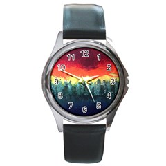 Rainbow Landscape Round Metal Watch by robinyukiko