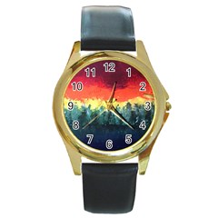 Rainbow Landscape Round Gold Metal Watch