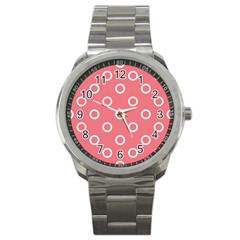 Coral Pink And White Circles Polka Dots Sport Metal Watch by SpinnyChairDesigns