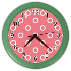 Coral Pink And White Circles Polka Dots Color Wall Clock by SpinnyChairDesigns