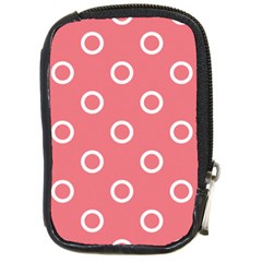 Coral Pink And White Circles Polka Dots Compact Camera Leather Case by SpinnyChairDesigns