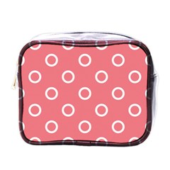 Coral Pink And White Circles Polka Dots Mini Toiletries Bag (one Side) by SpinnyChairDesigns