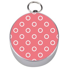 Coral Pink And White Circles Polka Dots Silver Compasses by SpinnyChairDesigns