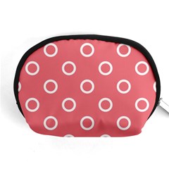 Coral Pink And White Circles Polka Dots Accessory Pouch (medium) by SpinnyChairDesigns