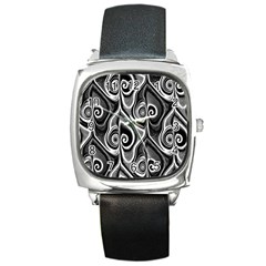 Abstract Black And White Swirls Spirals Square Metal Watch by SpinnyChairDesigns