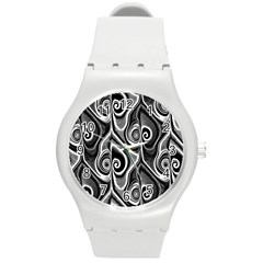 Abstract Black And White Swirls Spirals Round Plastic Sport Watch (m) by SpinnyChairDesigns