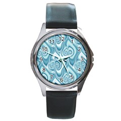 Abstract Blue White Spirals Swirls Round Metal Watch by SpinnyChairDesigns