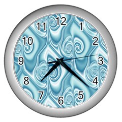 Abstract Blue White Spirals Swirls Wall Clock (silver) by SpinnyChairDesigns