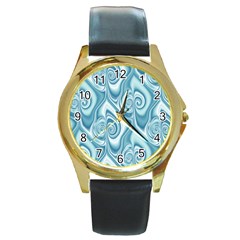 Abstract Blue White Spirals Swirls Round Gold Metal Watch by SpinnyChairDesigns