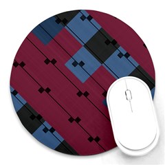 Burgundy Black Blue Abstract Check Pattern Round Mousepads by SpinnyChairDesigns