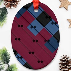 Burgundy Black Blue Abstract Check Pattern Ornament (oval) by SpinnyChairDesigns