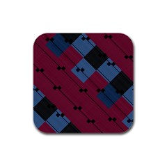 Burgundy Black Blue Abstract Check Pattern Rubber Square Coaster (4 Pack)  by SpinnyChairDesigns