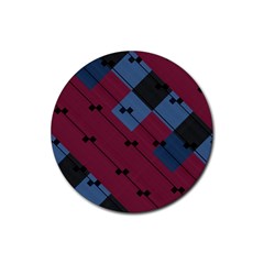 Burgundy Black Blue Abstract Check Pattern Rubber Coaster (round)  by SpinnyChairDesigns