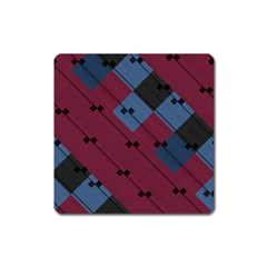 Burgundy Black Blue Abstract Check Pattern Square Magnet by SpinnyChairDesigns