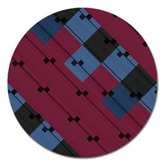 Burgundy Black Blue Abstract Check Pattern Magnet 5  (round) by SpinnyChairDesigns