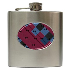 Burgundy Black Blue Abstract Check Pattern Hip Flask (6 Oz) by SpinnyChairDesigns