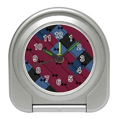 Burgundy Black Blue Abstract Check Pattern Travel Alarm Clock by SpinnyChairDesigns