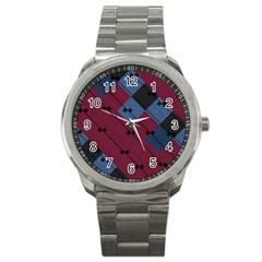 Burgundy Black Blue Abstract Check Pattern Sport Metal Watch by SpinnyChairDesigns