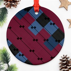 Burgundy Black Blue Abstract Check Pattern Round Ornament (two Sides) by SpinnyChairDesigns