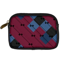 Burgundy Black Blue Abstract Check Pattern Digital Camera Leather Case by SpinnyChairDesigns