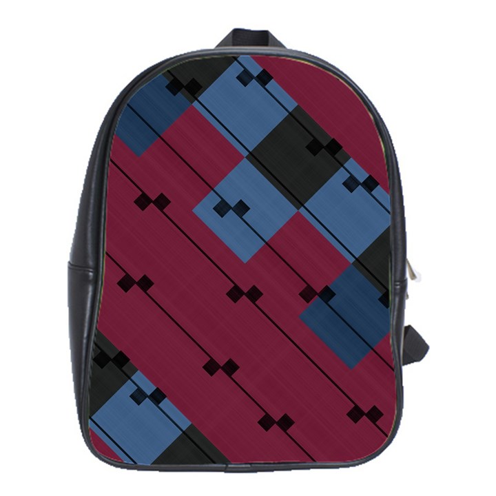 Burgundy Black Blue Abstract Check Pattern School Bag (Large)