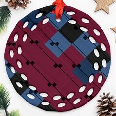 Burgundy Black Blue Abstract Check Pattern Ornament (round Filigree) by SpinnyChairDesigns