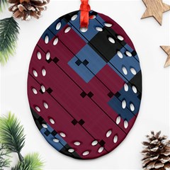 Burgundy Black Blue Abstract Check Pattern Ornament (oval Filigree) by SpinnyChairDesigns