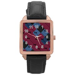 Burgundy Black Blue Abstract Check Pattern Rose Gold Leather Watch  by SpinnyChairDesigns