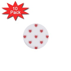 Red Polka Dot Hearts On White 1  Mini Buttons (10 Pack)  by SpinnyChairDesigns