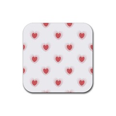 Red Polka Dot Hearts On White Rubber Coaster (square)  by SpinnyChairDesigns