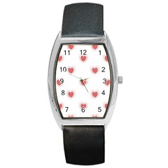 Red Polka Dot Hearts On White Barrel Style Metal Watch by SpinnyChairDesigns