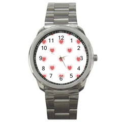 Red Polka Dot Hearts On White Sport Metal Watch by SpinnyChairDesigns