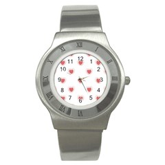 Red Polka Dot Hearts On White Stainless Steel Watch by SpinnyChairDesigns