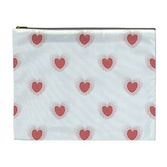 Red Polka Dot Hearts On White Cosmetic Bag (xl) by SpinnyChairDesigns