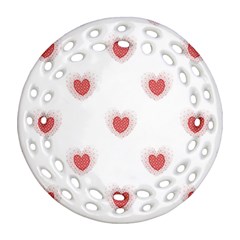 Red Polka Dot Hearts On White Ornament (round Filigree) by SpinnyChairDesigns