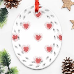 Red Polka Dot Hearts On White Oval Filigree Ornament (two Sides) by SpinnyChairDesigns