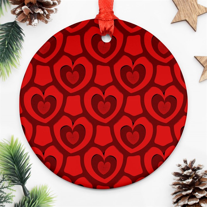 Dark Red Heart Pattern Ornament (Round)