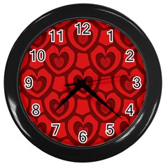 Dark Red Heart Pattern Wall Clock (black) by SpinnyChairDesigns