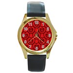 Dark Red Heart Pattern Round Gold Metal Watch Front