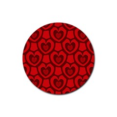 Dark Red Heart Pattern Rubber Coaster (round)  by SpinnyChairDesigns