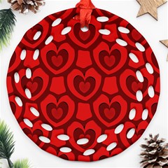 Dark Red Heart Pattern Ornament (round Filigree) by SpinnyChairDesigns