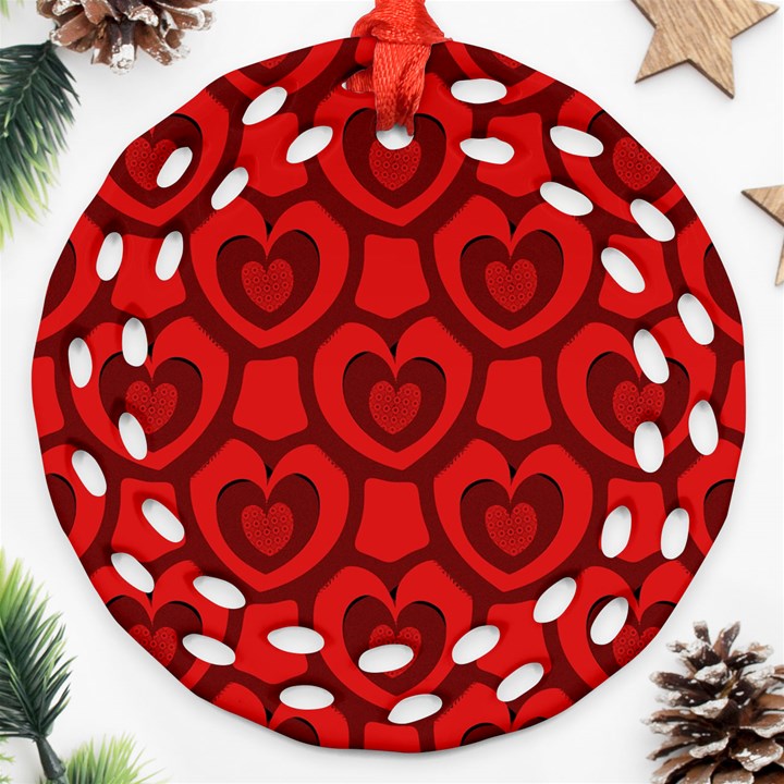 Dark Red Heart Pattern Ornament (Round Filigree)