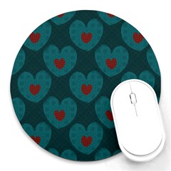 Teal And Red Hearts Round Mousepads by SpinnyChairDesigns