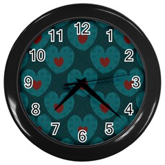 Teal And Red Hearts Wall Clock (black) by SpinnyChairDesigns