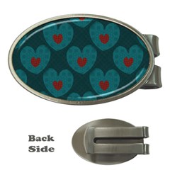 Teal And Red Hearts Money Clips (oval)  by SpinnyChairDesigns