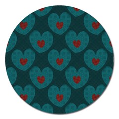 Teal And Red Hearts Magnet 5  (round) by SpinnyChairDesigns